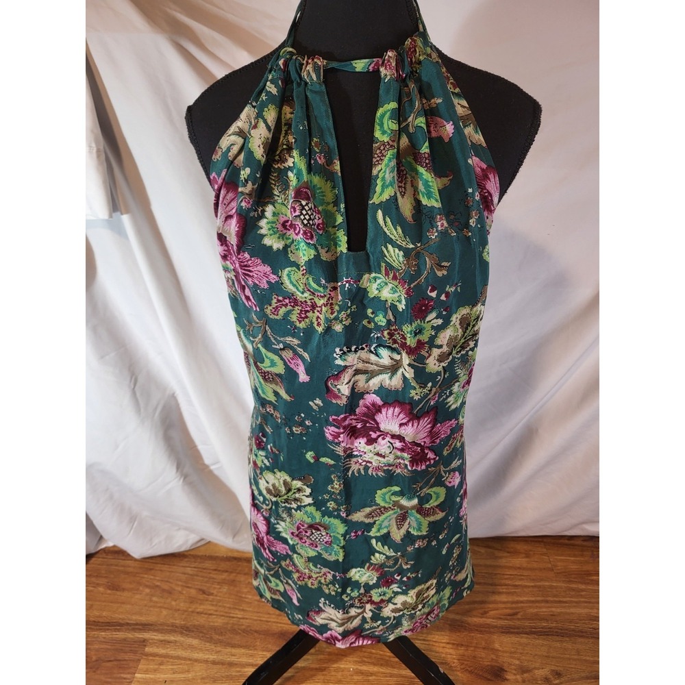 Indie Ella Size‎ M/L 100% Silk Green Floral Halter Dress